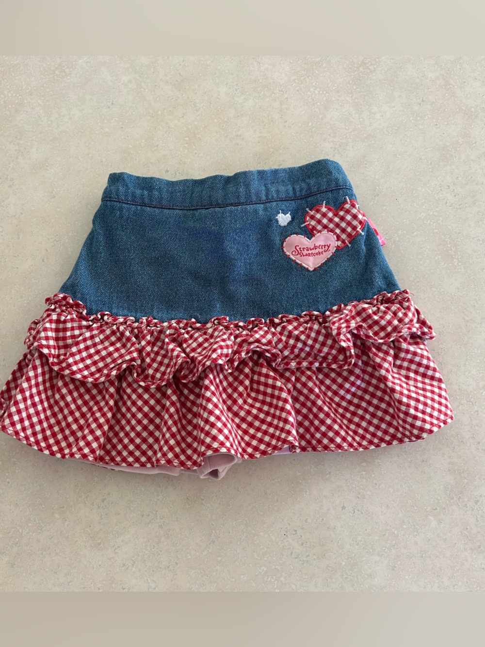 Vintage 2005 strawberry shortcake Denim and Red Gingham Skirt - Strawberry Patch